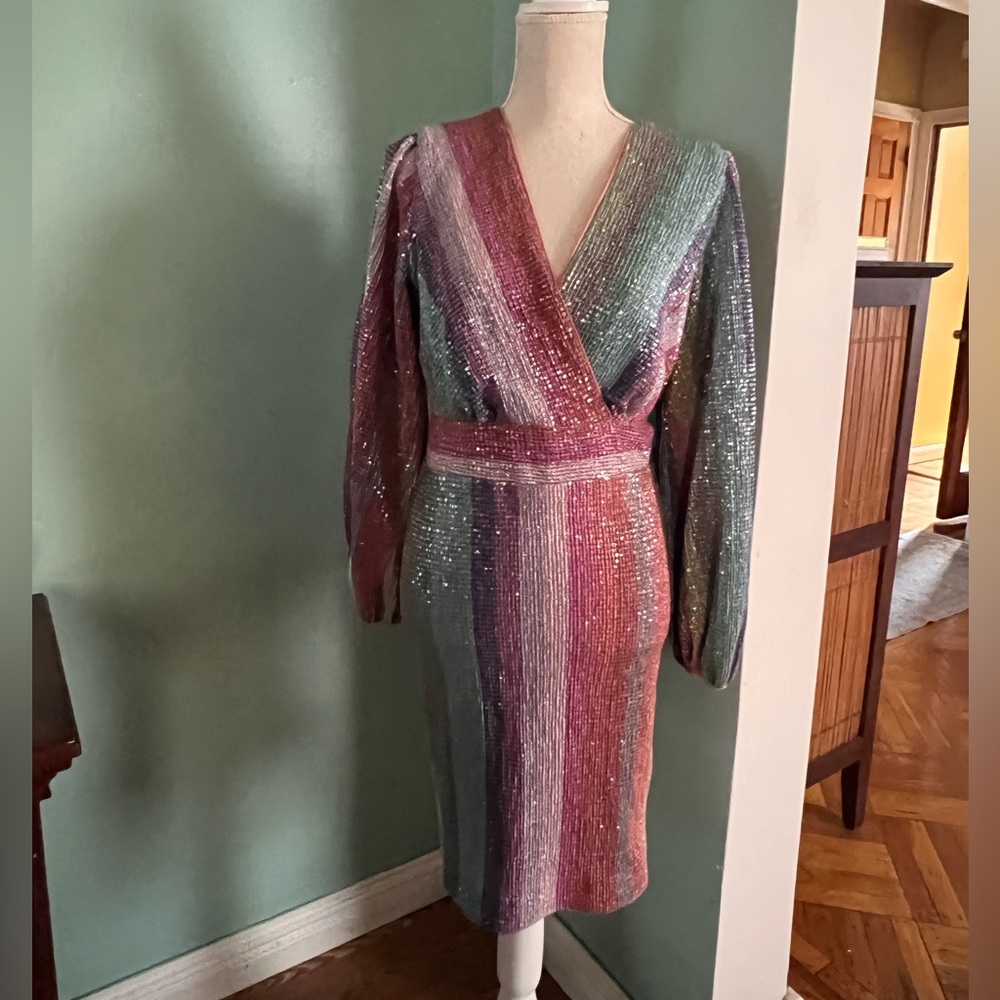 Gorgeous multicolor /rainbow metallic fully liner dress.